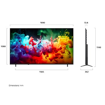 LG QNED AI QNED75 Mini LED shown in front and side views highlights an 85-inch display with a 1890 mm-wide screen, 1088 mm screen height, 1148 mm height with stand, a 72.4 mm profile depth, and a stand footprint measuring 1565 by 362 mm.